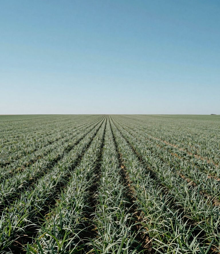 Clean, wide-angle shot of a productive North American agricultural field under a clear blue sky, illustrating the scale and professional management of modern farming, using medium green and light grey tones.