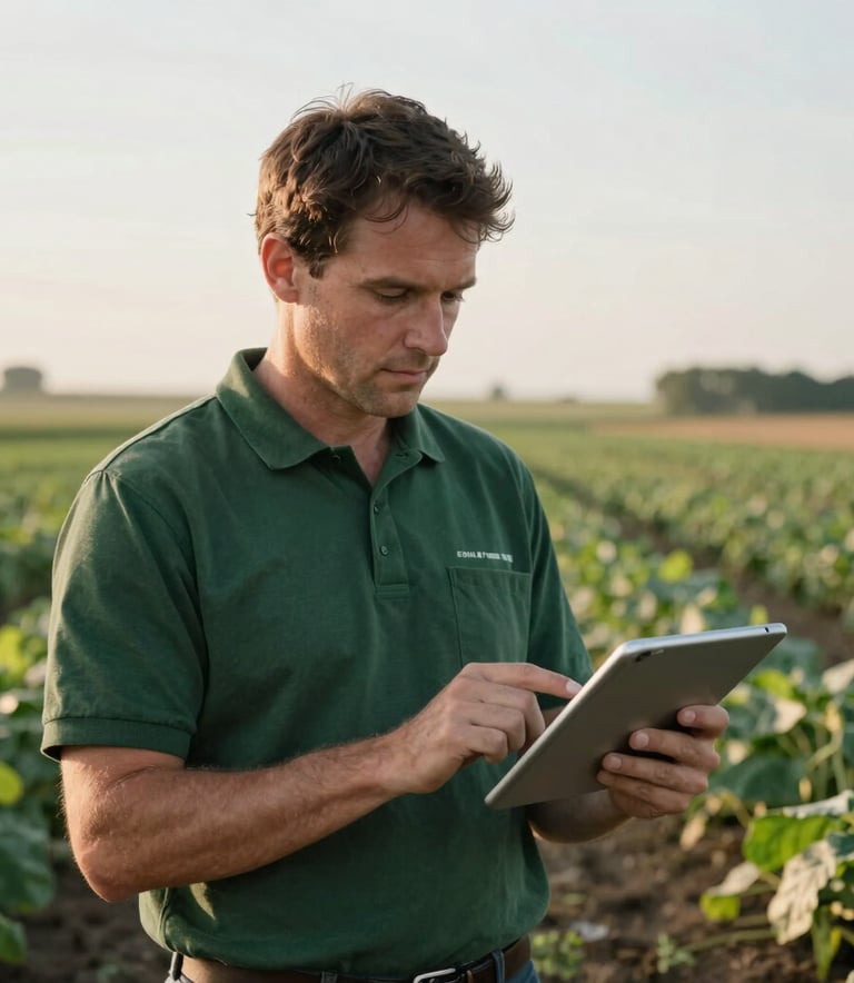 A focused agricultural supervisor in the North American countryside, checking a digital tablet with a modern, efficient farm operation in the background, soft morning lighting, palette colors include dark green and off-white.