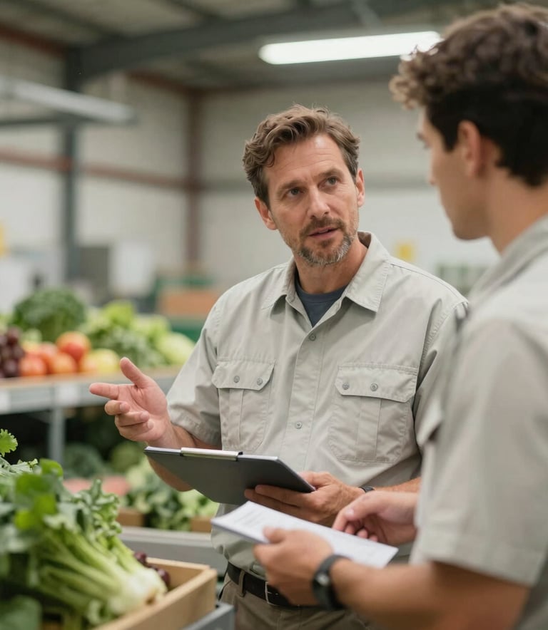 Professional shot of a farm manager in a light sage uniform discussing logistics with an employee in a clean North American packing house, soft natural light, conveying efficiency and expertise.
