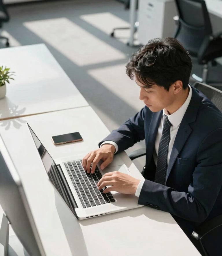 A high-angle photograph of a modern, sun-drenched North American office. A professional person is working on a laptop surrounded by clean white surfaces and silver accents. The mood is efficient and trustworthy.