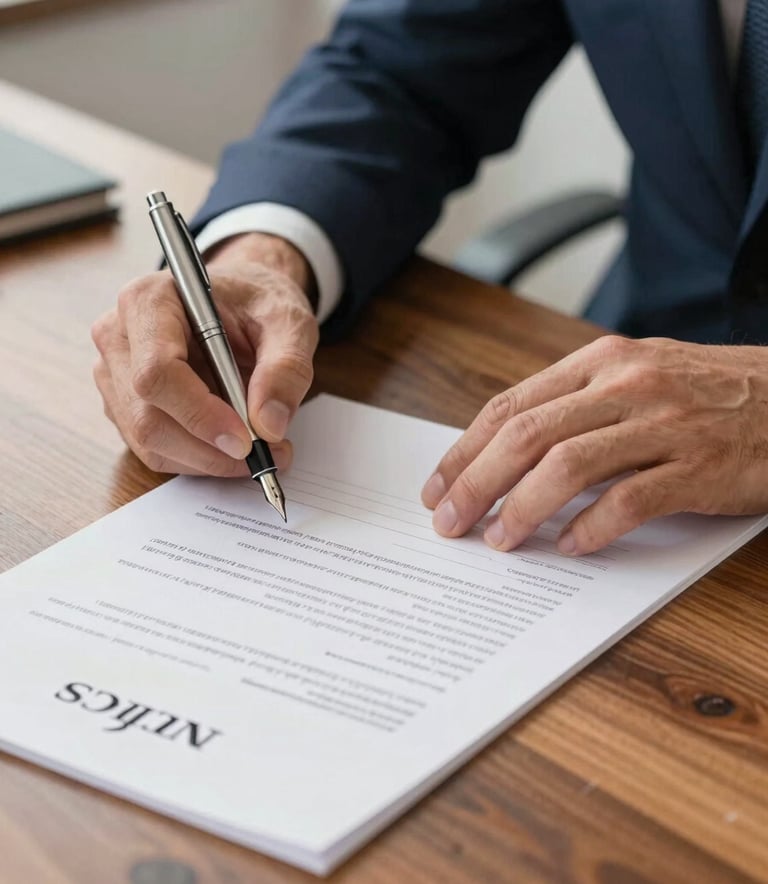 Close-up of a professional signing official business formation documents with a silver fountain pen on a polished wooden desk, North American office setting, bright and efficient atmosphere.