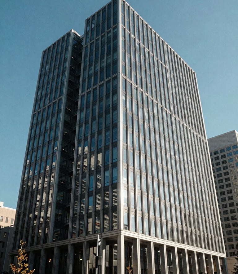 The exterior of a modern, clean glass and steel office building in a North American business district under a clear blue sky, representing growth and stability.