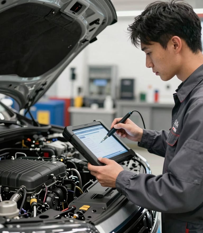 A skilled automotive technician in a clean uniform using a high-tech diagnostic tablet to scan a vehicle's engine in a bright US repair shop. The focus is on the technology and precision of the work.