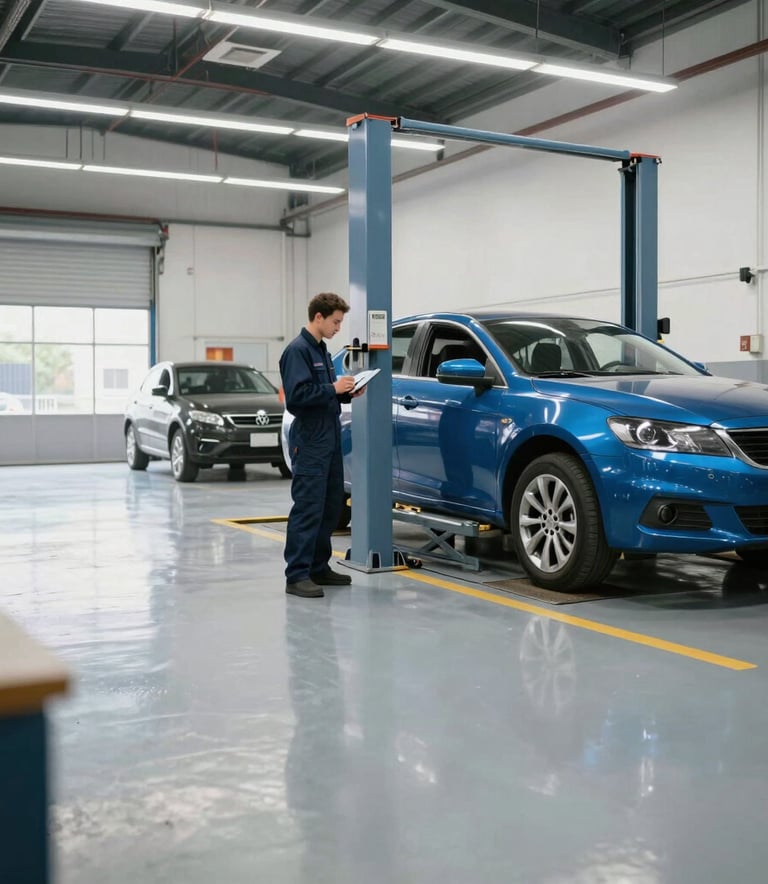 A wide-angle interior photograph of a modern North American auto repair shop. The space is bright with white lighting reflecting off a clean grey floor. A professional mechanic in a dark navy uniform is using a tablet near a steel blue sedan on a lift.
