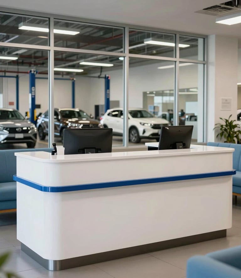 A medium-shot photograph of a modern, inviting customer reception area in a North American auto shop. The service desk is a clean white with steel blue details. Large glass windows in the background look out into a tidy, organized service bay. The atmosphere is professional and calm, featuring comfortable seating in sky blue fabric.