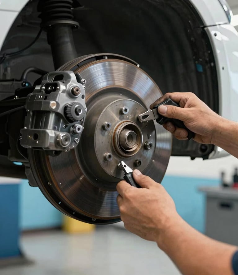 High-detail photography of a North American mechanic's hands using professional tools to adjust a car's brake system. The background is a clean, bright workshop setting with light blue and white color accents.