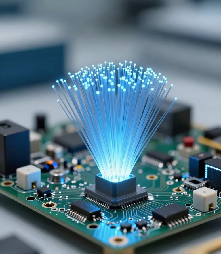 Macro photography of a modern circuit board with glowing light blue fiber optic components, representing innovation and speed, clean technical style, Spanish / Global engineering laboratory context.