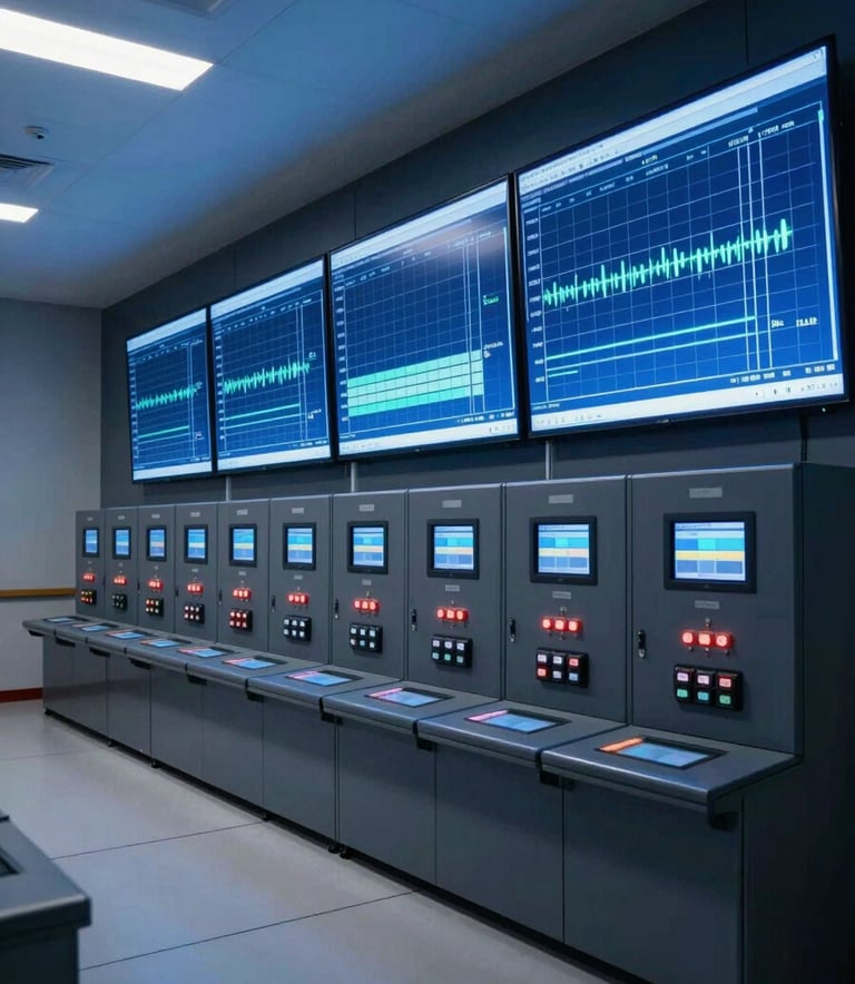 A professional high-tech electrical control room in a Spanish / Global city, featuring large digital screens showing energy distribution grids, sleek dark navy and electric blue ambient lighting, wide angle shot.