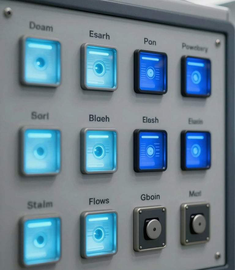 A clean, high-detail photograph of a sophisticated smart power grid control panel with glowing indicators in light blue and dark blue, reflecting innovation and technology, Spanish / Global.