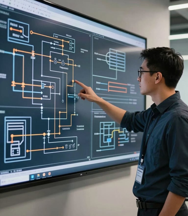 A professional in a high-tech office environment pointing at a large wall-mounted screen displaying complex electrical schematics and invention designs, professional atmosphere, Spanish / Global.