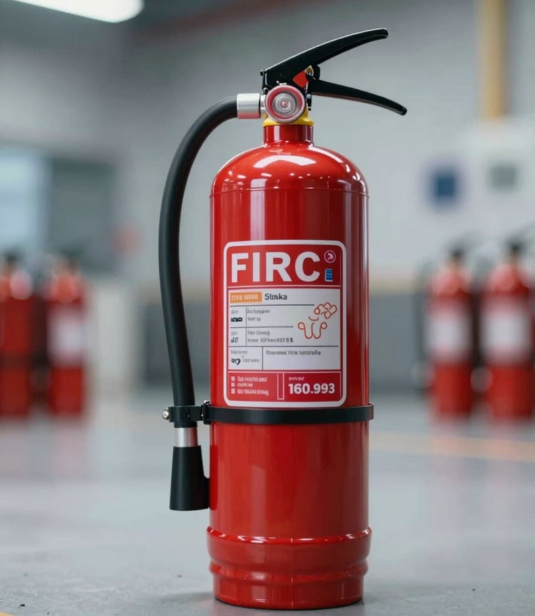A high-tech foam fire extinguisher ball in a modern industrial setting, sleek metallic and red finish, bright professional studio lighting, emphasizing innovation and safety.