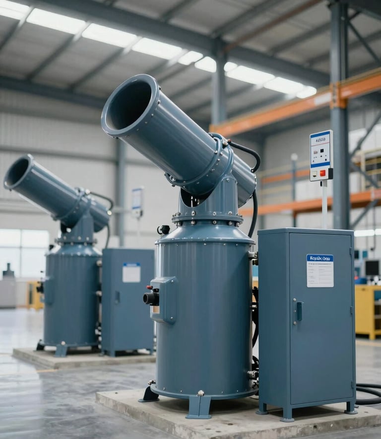 A wide-angle view of a high-tech warehouse protected by Köpük Topu (Foam Cannon) systems. The scene is bright and conveys safety. The equipment is painted in professional #1A2A3A and #476C8C tones, with clear technical indicators. Soft cinematic lighting highlights the reliability of the system.