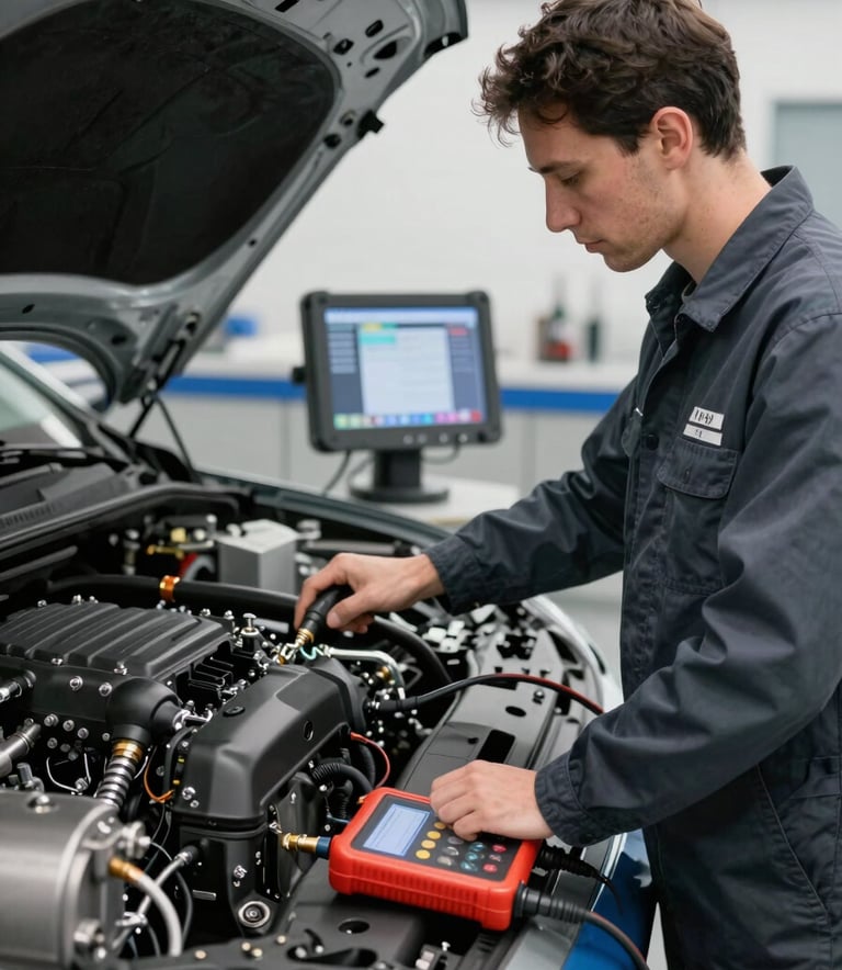 A technical specialist in a European / Spanish workshop setting testing a car engine with diagnostic tools. Modern and professional environment with charcoal grey and slate blue accents. Clean lighting.