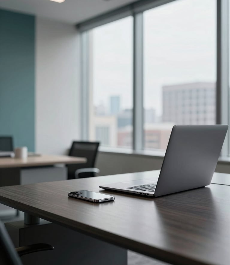 A sleek North American office interior focused on a high-tech workstation. A polished dark slate desk holds a silver smartphone and a high-performance laptop. Large windows reveal a subtle US cityscape. The mood is sophisticated and reliable, with muted teal and soft pearl accents in the decor.