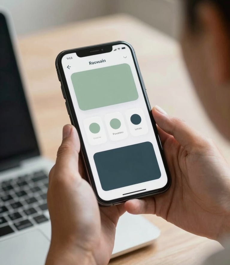 Professional photography of a person’s hands holding a mobile device in a modern North American business setting. The screen shows a clean, user-centric app design with sage and deep charcoal elements. The lighting is soft and natural, emphasizing innovation.