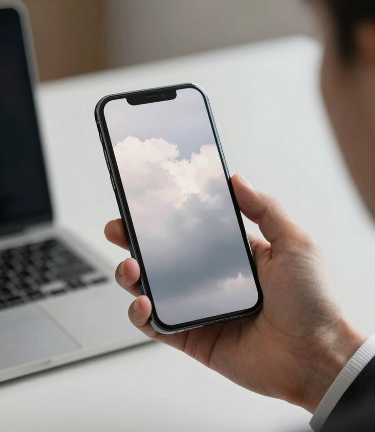 A professional person in a North American business setting holding a sleek smartphone, the screen reflecting soft cloud white and mist grey light, professional lighting.