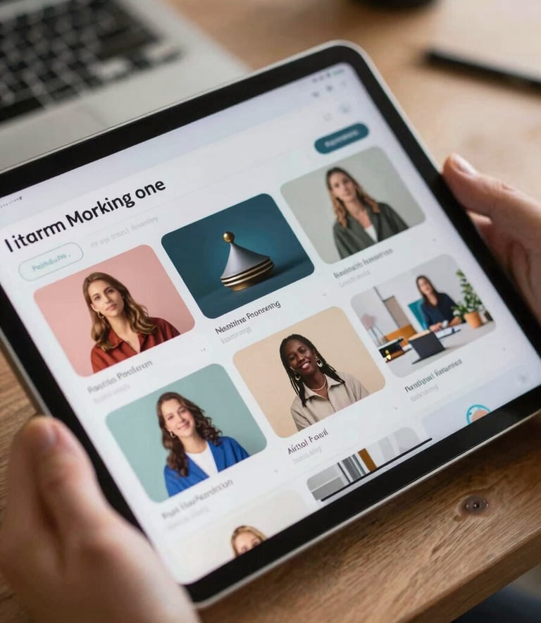 Close-up of a high-resolution tablet screen showing a vibrant, professional mobile app interface, held by a professional in a modern North American creative studio.
