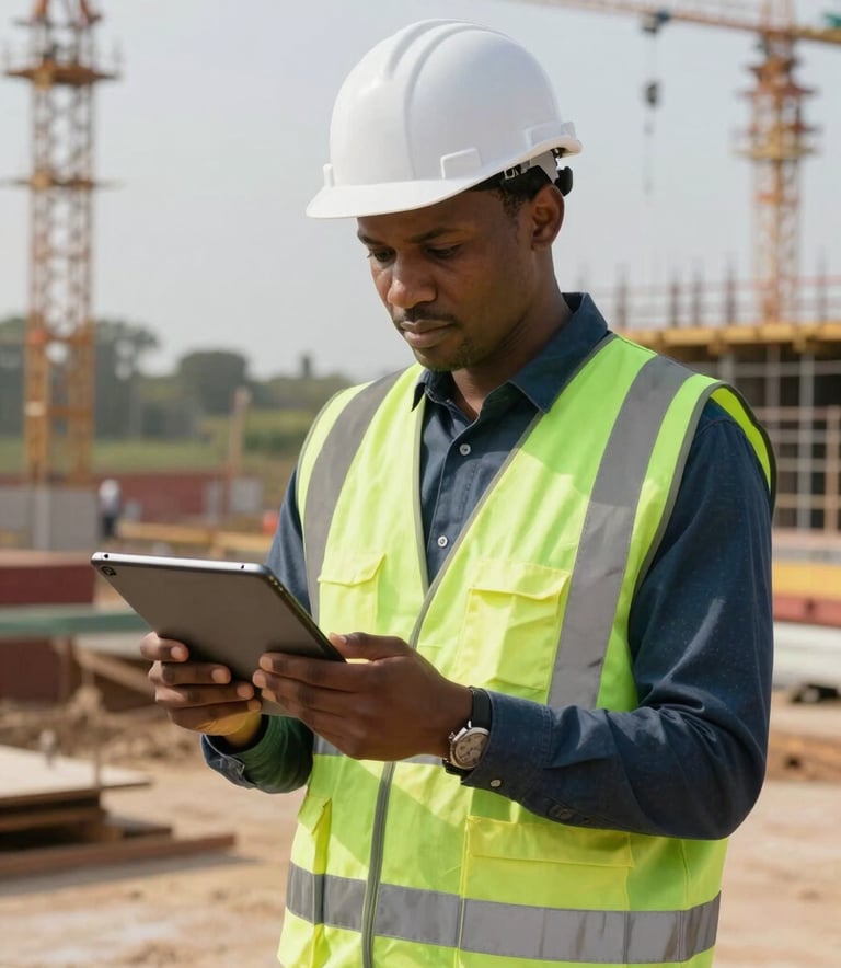 A professional construction manager in a forest green safety vest looking at a digital tablet on a modern construction site in Guinea, bright daylight, soft light gray background elements.