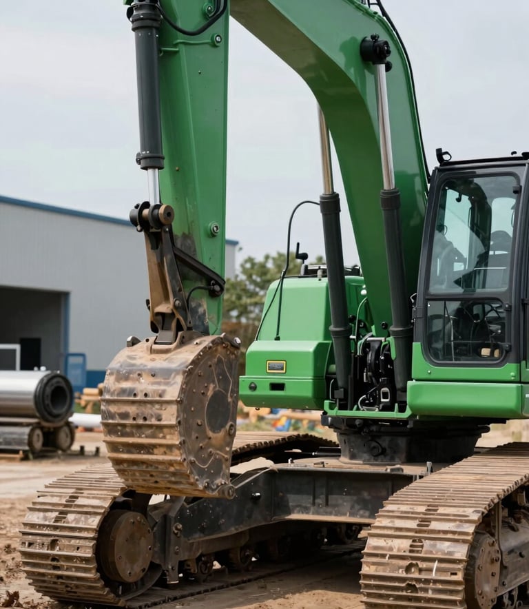 Close up of high-quality construction machinery and materials on a bright site, featuring dark emerald green highlights, representing industrial reliability and modern standards.