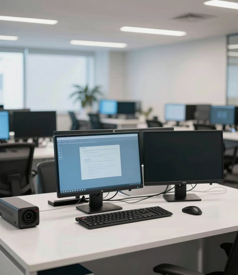 A wide-angle, clean photography of a modern, professional tele-service center in Brazil. The room is brightly lit with natural light, featuring ergonomic white desks and sleek dual-monitor setups. In the background, blurred office elements and soft blue accents reflect a sophisticated and efficient corporate environment.
