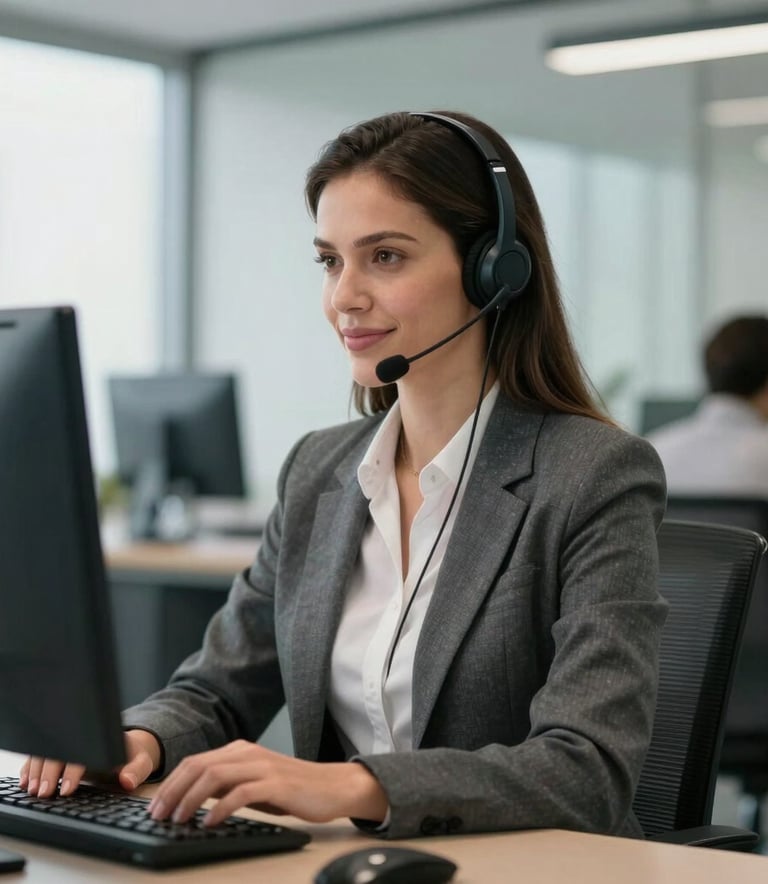 Professional woman in business attire working at a computer with a headset, smiling slightly, blurred modern office background in Brazil, bright and airy lighting, sophisticated corporate aesthetic.
