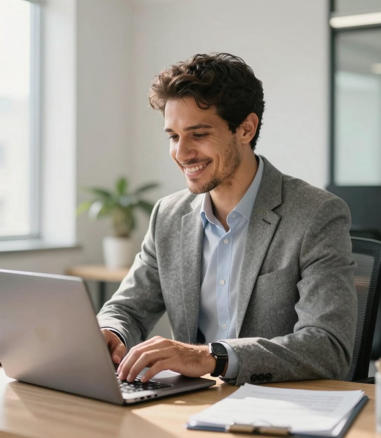 A professional person in business casual attire smiling while working at a modern laptop in a bright, sunlit Brazilian office. The composition is a medium shot focusing on the calm and professional expression, with a clean and organized desk space around them.
