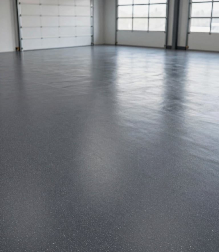 An expansive industrial garage with a professional, dark gray epoxy floor featuring light gray decorative flakes. The space is organized and clean, emphasizing the durable and easy-to-clean nature of the flooring under bright, even lighting.