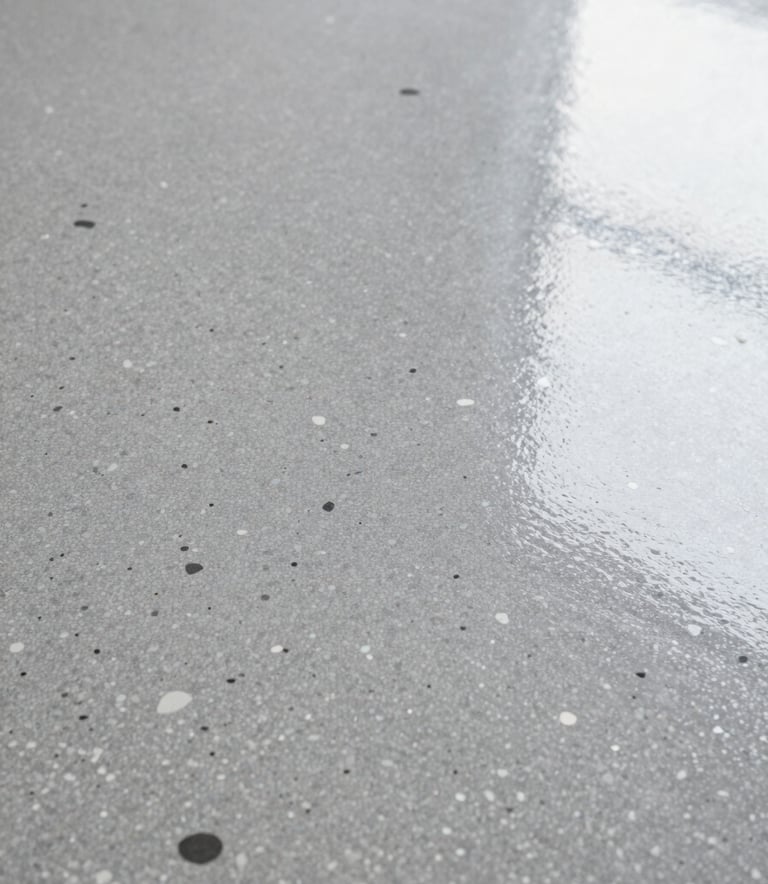 A close-up, high-angle shot of a cured epoxy floor with a decorative flake finish in a palette of grey, charcoal, and white. The surface has a high-gloss, crystal-clear topcoat that reflects soft overhead lighting, showcasing a non-slip, professional-grade texture that embodies the #F7F9FB and #2B2F33 brand colors.