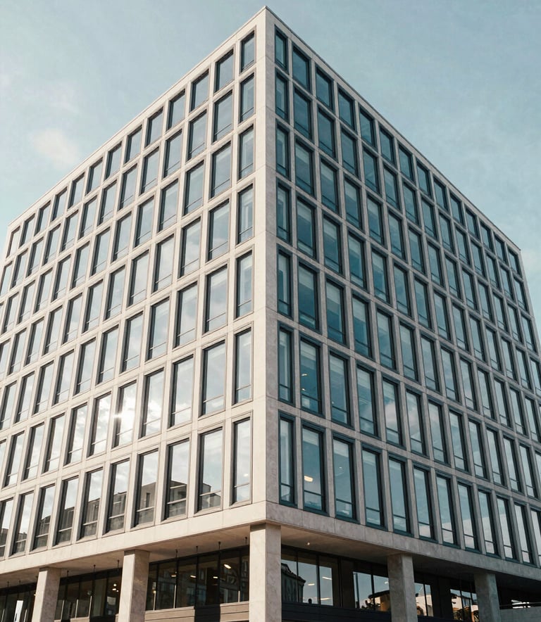 A wide-angle professional photograph of a modern glass-fronted office building in Germany during a bright day. The reflections show a clean sky. Soft Off-white and Dark Slate Blue accents in the architectural details.