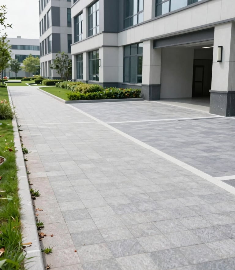 A professionally maintained landscape around a modern German corporate office. The scene features perfectly trimmed square hedges, clean stone walkways, and vibrant green grass under natural morning light. Muted Teal tones in the foliage and Dark Slate Blue shadows.