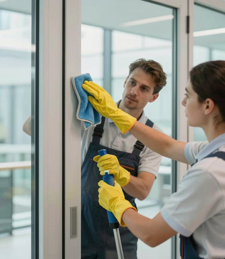 A close-up of a professional cleaner in a neat uniform cleaning a high-end glass door in a modern Central European / German office. The lighting is bright and clean, with Pale Aqua highlights and Soft Off-white surfaces.