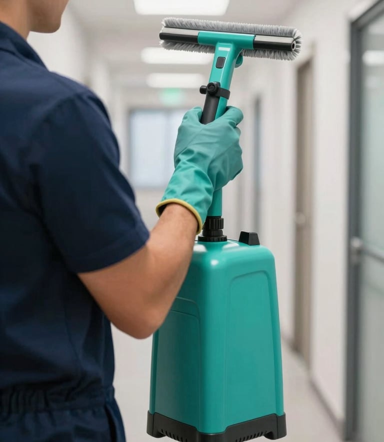 A close-up shot of a professional cleaning specialist in a modern uniform working in a bright Central European office hallway. High-quality cleaning equipment is visible. Palette highlights: Sea Green and Dark Slate Blue.