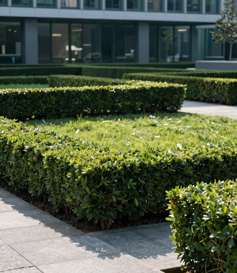 A professionally maintained landscape around a modern German corporate office. The scene features perfectly trimmed square hedges, clean stone walkways, and vibrant green grass under natural morning light. Muted Teal tones in the foliage and Dark Slate Blue shadows.