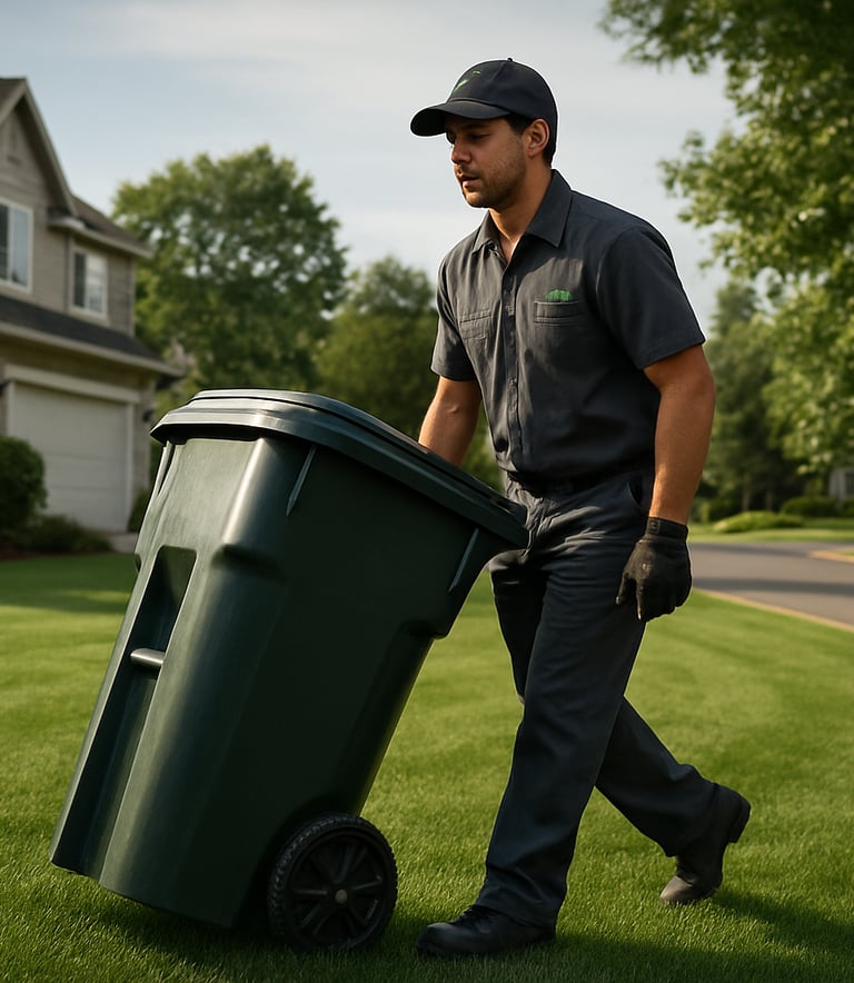 A professional service technician in a clean, charcoal uniform with green branding, reliably moving a trash bin along a manicured lawn in a North American suburban neighborhood.