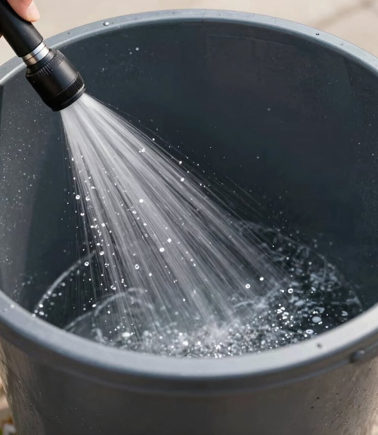 A close-up photograph of a clean, high-pressure water system spraying the inside of a dark charcoal gray trash bin. The mist is fine and sparkling against the dark plastic, conveying high-end sanitization in a North American suburban setting.