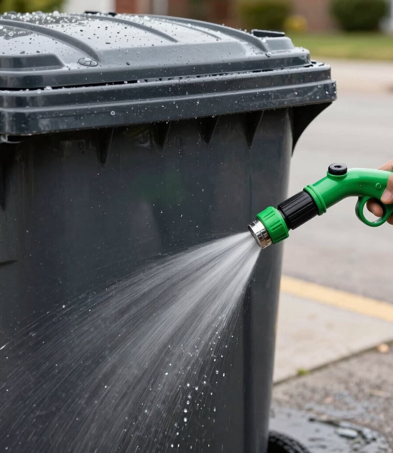 Close-up of a high-pressure washing system cleaning a trash bin in a North American / US driveway, sparkling clean results, charcoal black and bright green color tones, professional and modern aesthetic.