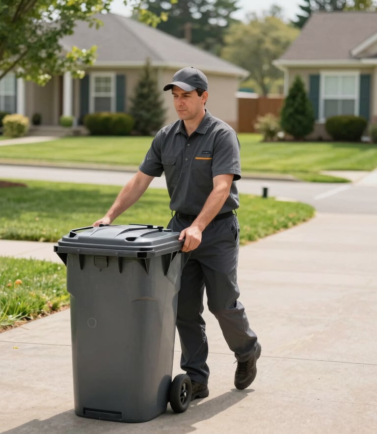 A professional service worker in a clean charcoal uniform moving residential trash bins down a neat suburban driveway in a North American / US neighborhood, sunny day, well-maintained lawn.