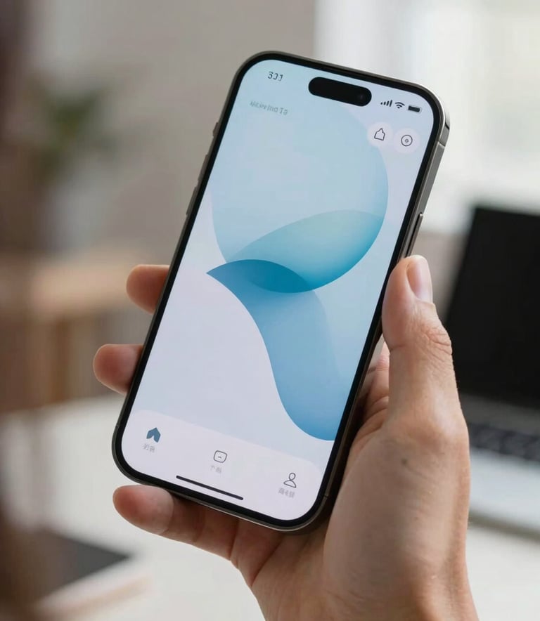 A close-up photograph of a sleek, modern smartphone displaying a vibrant interface, held by a person in a bright North American / US creative studio. The lighting is soft and natural, emphasizing the pale azure and cloud white tones of the brand mood. The composition is focused on the device and the user's hand.