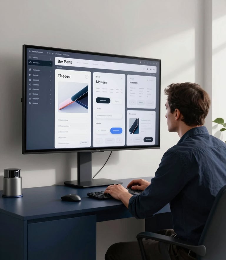 A focused professional in a modern North American / US studio space working on a large digital screen showing sleek app layouts. The environment features dark navy blue furniture and soft off-white walls, with bright, innovative lighting casting soft shadows.