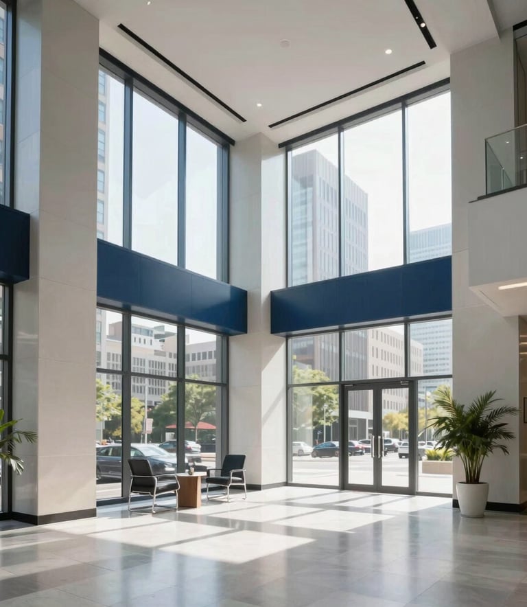 A wide shot of a bright, modern corporate office lobby in a North American city, featuring floor-to-ceiling windows and clean architectural lines with subtle navy blue accents. High-end professional atmosphere with natural daylight.
