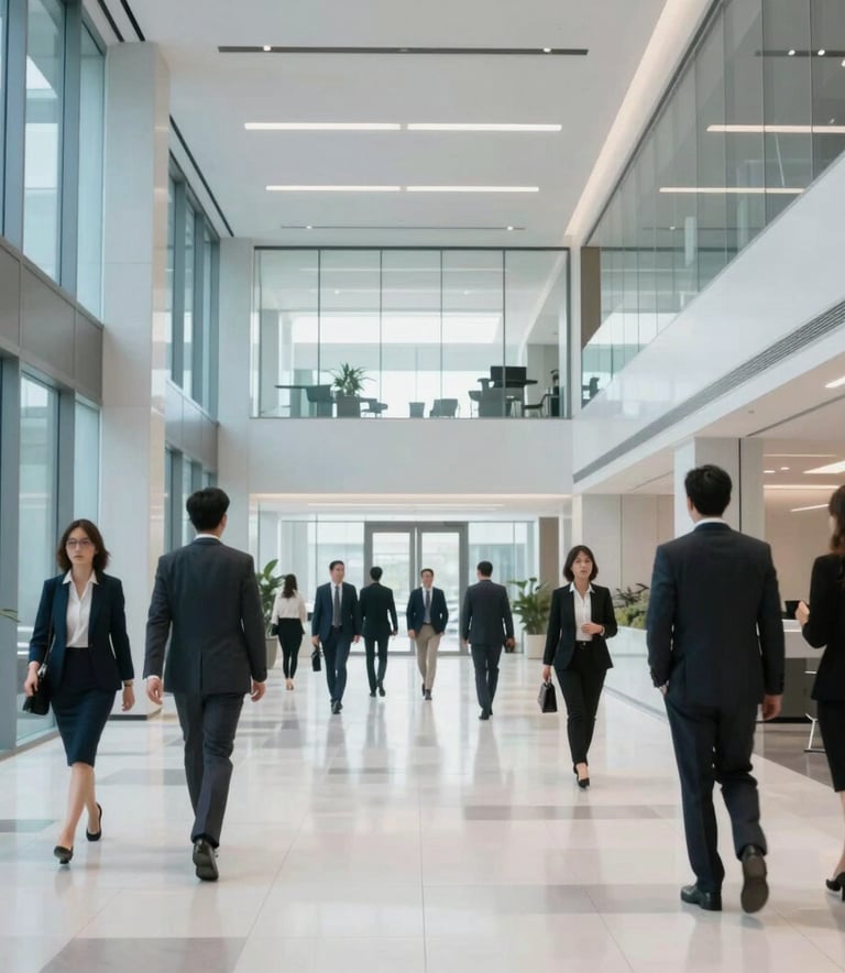 A clean, modern office lobby in North America, featuring architectural glass, professional business people walking through the space, and a sense of innovation and high standards. Soft blue and white color palette.