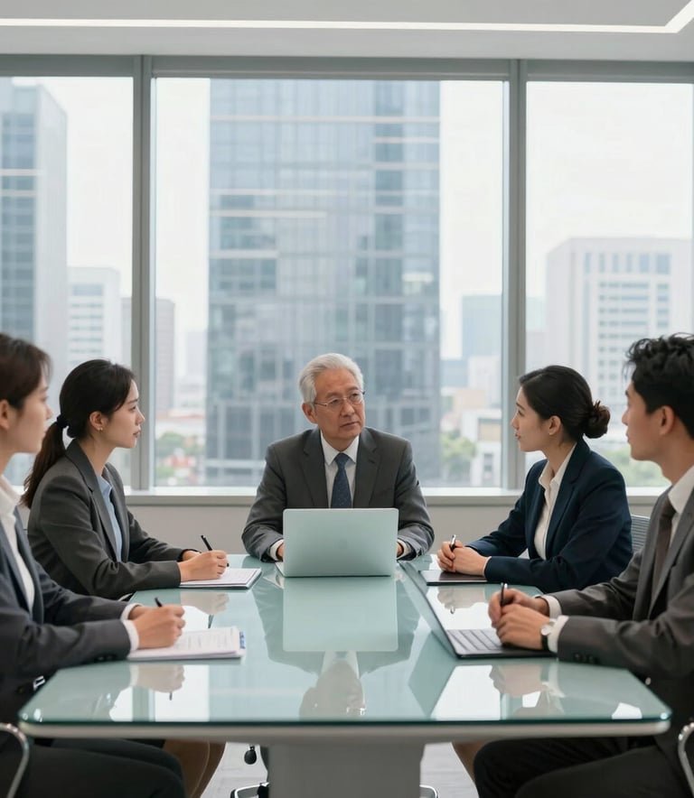 A professional business meeting in a bright, modern North American skyscraper office. Diverse professionals in sophisticated attire are engaged in a collaborative discussion around a glass table with light blue accents in the decor.