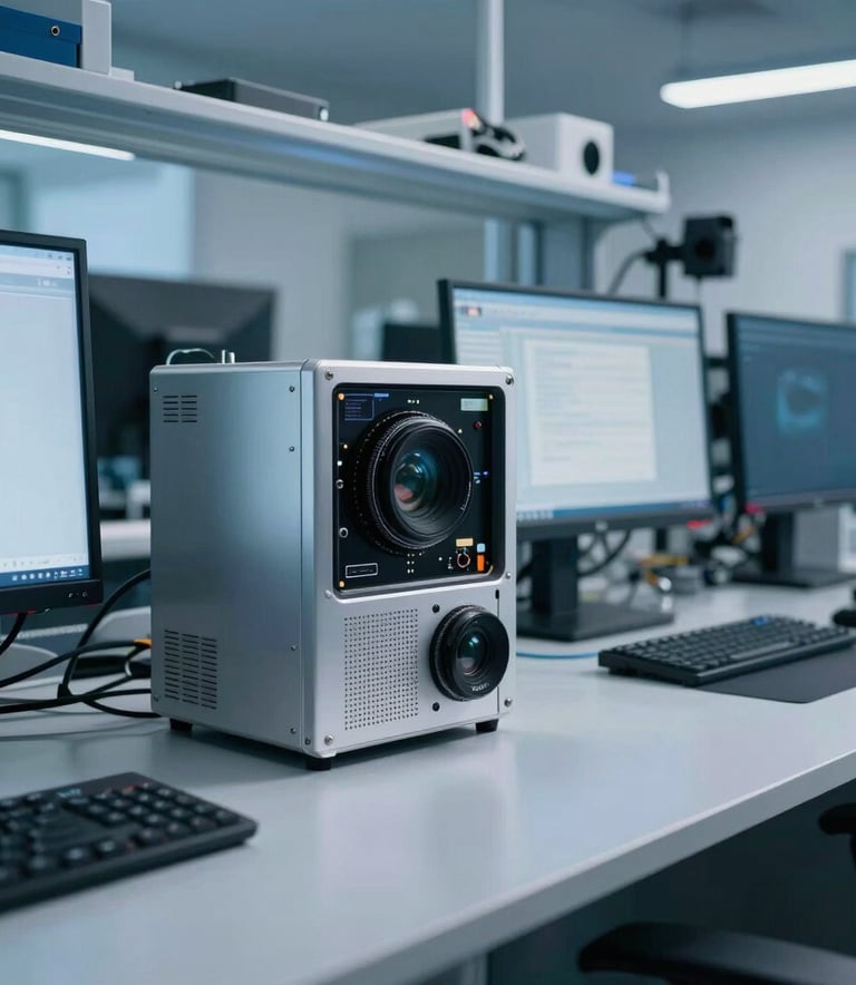 A close-up of a high-tech innovation lab workspace in a US tech hub. Modern hardware and multiple screens are visible on a minimalist desk, with steel blue lighting and a clean, sophisticated aesthetic.