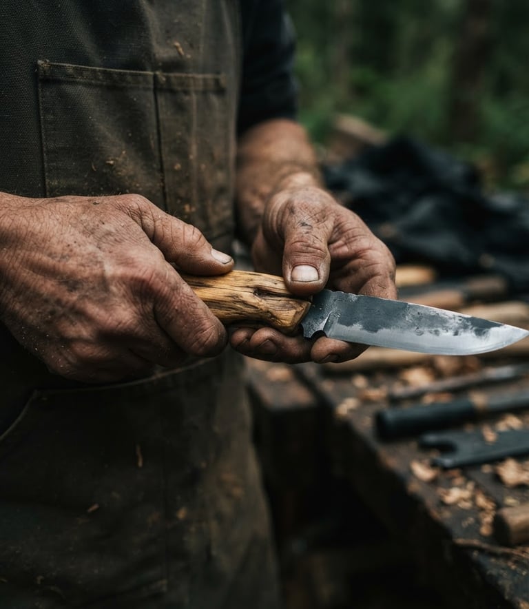 Macro shot of a craftsman's weathered hands fitting a piece of golden beachcombed wood to a steel knife tang, moody overcast natural daylight, shallow depth of field