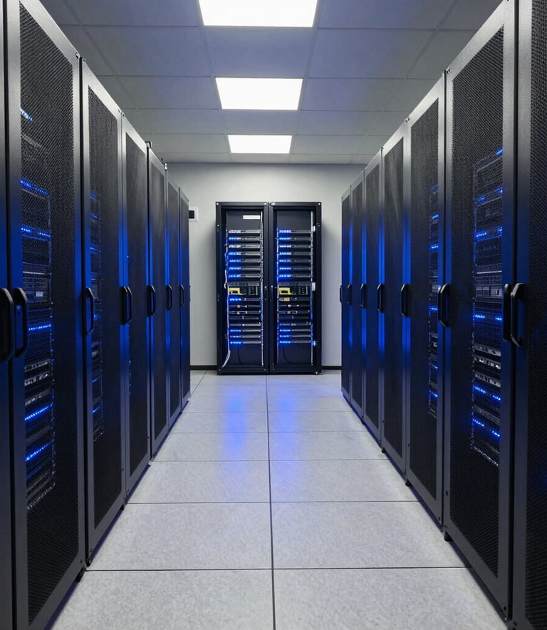 A wide-angle shot of a secure, modern data server room in a North American facility with subtle blue LED lighting reflecting off polished surfaces. The composition conveys industrial-grade reliability and innovative technology.