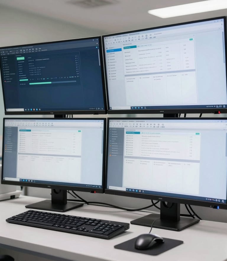 A modern North American hospital workstation featuring large, high-resolution monitors displaying clean, sophisticated data management software with dark blue and light grey UI elements. Professional, bright atmosphere.