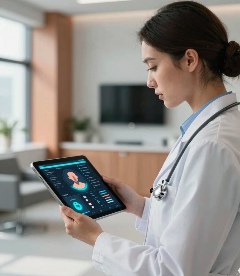 Professional photography of a healthcare specialist in a modern North American hospital setting, using a sleek tablet with a glowing patient management interface. The background shows hints of copper and charcoal office decor under natural daylight.