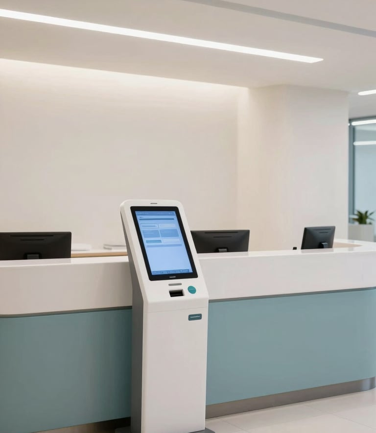 Photography of a modern North American clinic reception area featuring clean lines, off-white walls, and slate blue accents. A high-tech digital kiosk stands in the foreground under soft, professional lighting.