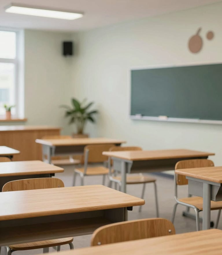 A well-lit, modern classroom environment that looks organized and welcoming. The composition highlights clean wooden desks and a state-of-the-art learning area, emphasizing progress and stability. The color palette incorporates soft #F2F4F3 walls and #A3B18A accents on decorative elements, symbolizing growth through education.