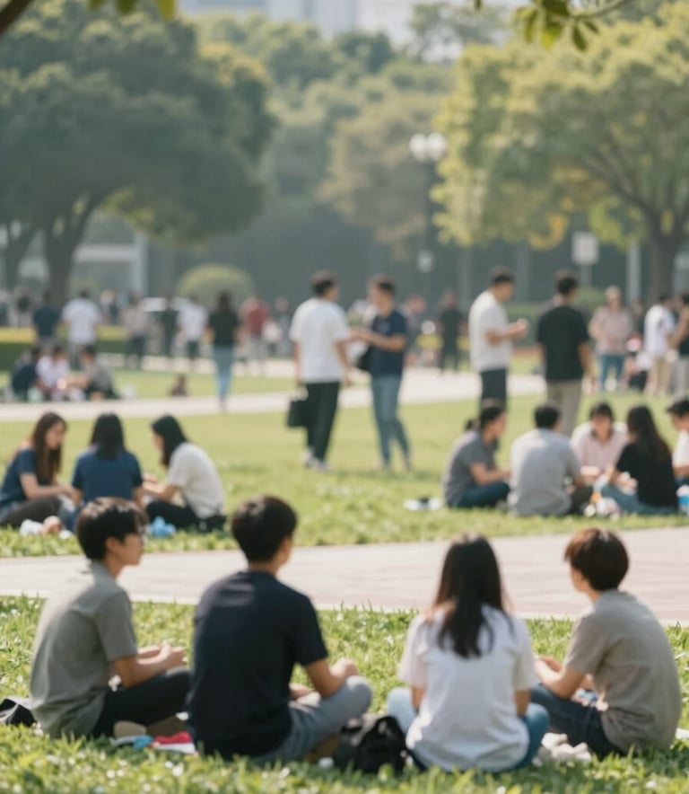 A community gathering in a clean, sunny public park where diverse groups of people are interacting respectfully. The focus is on a sense of peace and security. The scene includes green spaces in #A3B18A and urban features in #595959, reflecting a well-managed social environment.